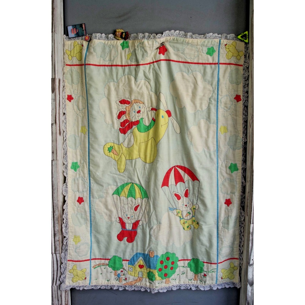 Vintage Baby Quilt Whimsical Pilot Skydiving Bunnies Vivid multicolor 80s 90s